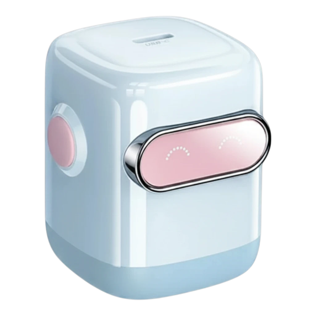 zero2cart 30W GaN USB-C fast charger in a cute robot-inspired white and pink design for compact travel charging.