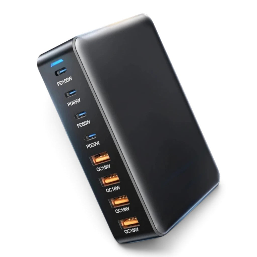 zero2cart 320W GaN desktop charging station in grey with 4 USB-C and 4 USB-A ports for multi-device charging.