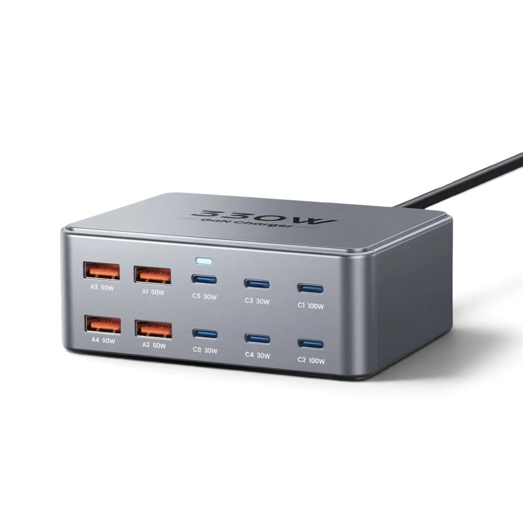 zero2cart 330W 10-port GaN desktop charging station in silver with USB-C and USB-A ports on a speckled surface.