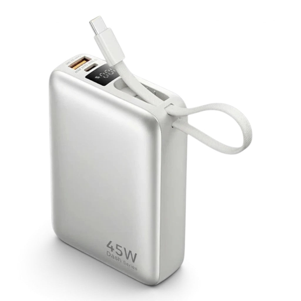 zero2cart 20000mAh 45W portable power bank in white with a built-in USB-C cable lanyard and digital display.