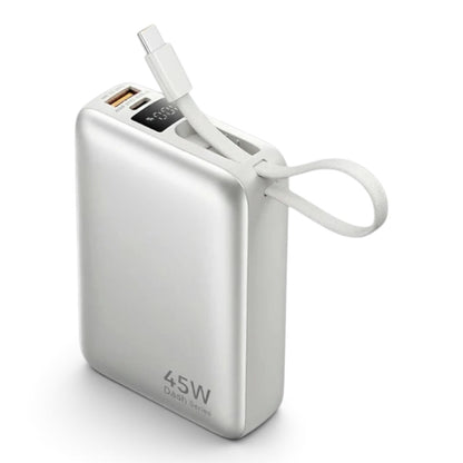 zero2cart 20000mAh 45W portable power bank in white with a built-in USB-C cable lanyard and digital display.