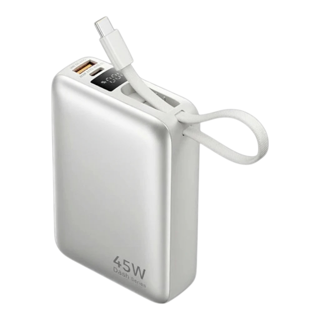 zero2cart 20000mAh 45W portable power bank in white with a built-in USB-C cable lanyard and digital display.