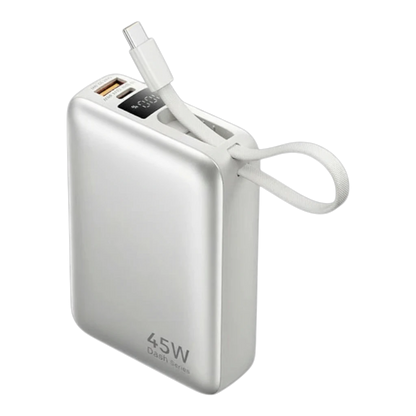 zero2cart 20000mAh 45W portable power bank in white with a built-in USB-C cable lanyard and digital display.