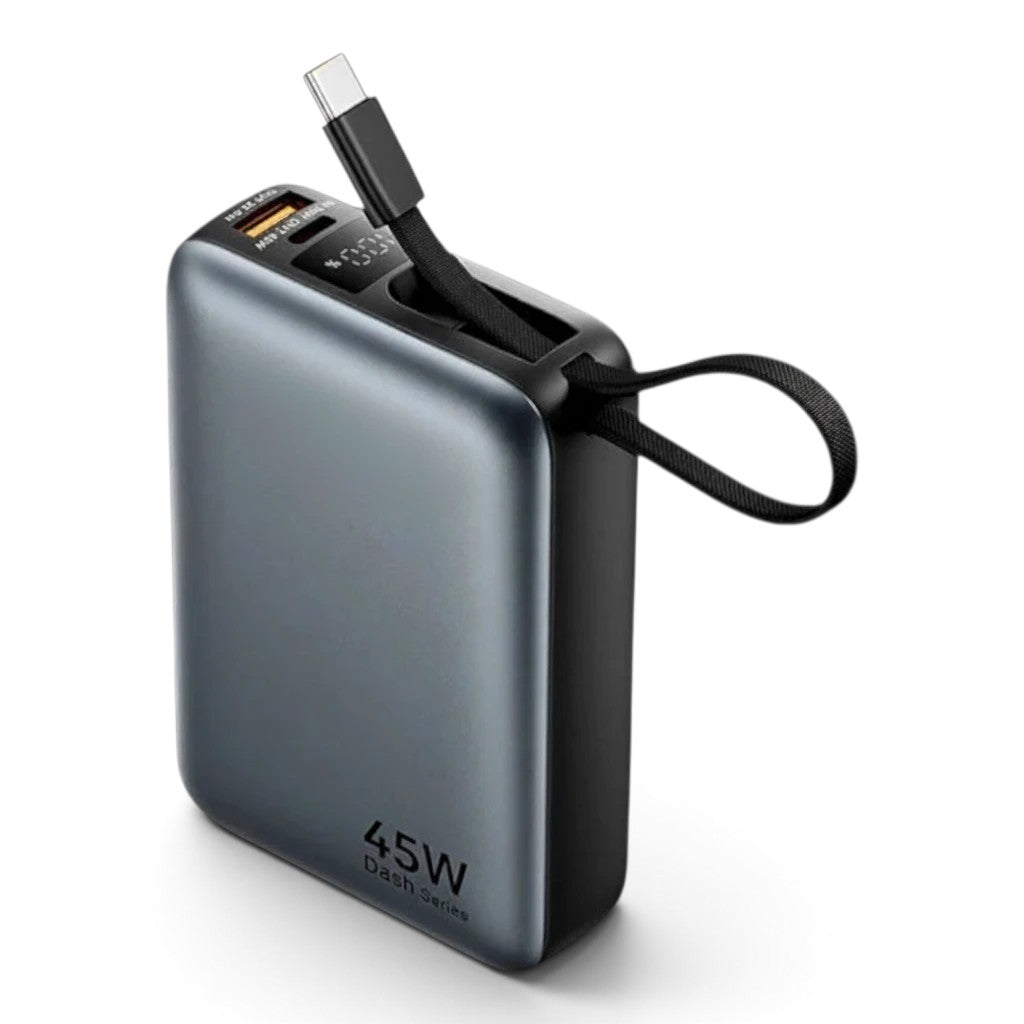 zero2cart 20000mAh 45W portable power bank in grey with a built-in USB-C cable lanyard and digital display