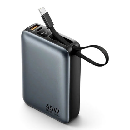 zero2cart 20000mAh 45W portable power bank in grey with a built-in USB-C cable lanyard and digital display