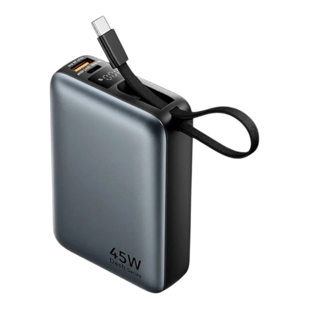 zero2cart 20000mAh 45W portable power bank in grey with a built-in USB-C cable lanyard and digital display