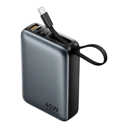 zero2cart 20000mAh 45W portable power bank in grey with a built-in USB-C cable lanyard and digital display