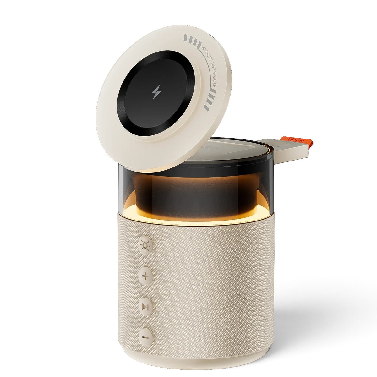 zero2cart 5-in-1 wireless charging station with built-in speaker and lamp in a compact beige fabric design