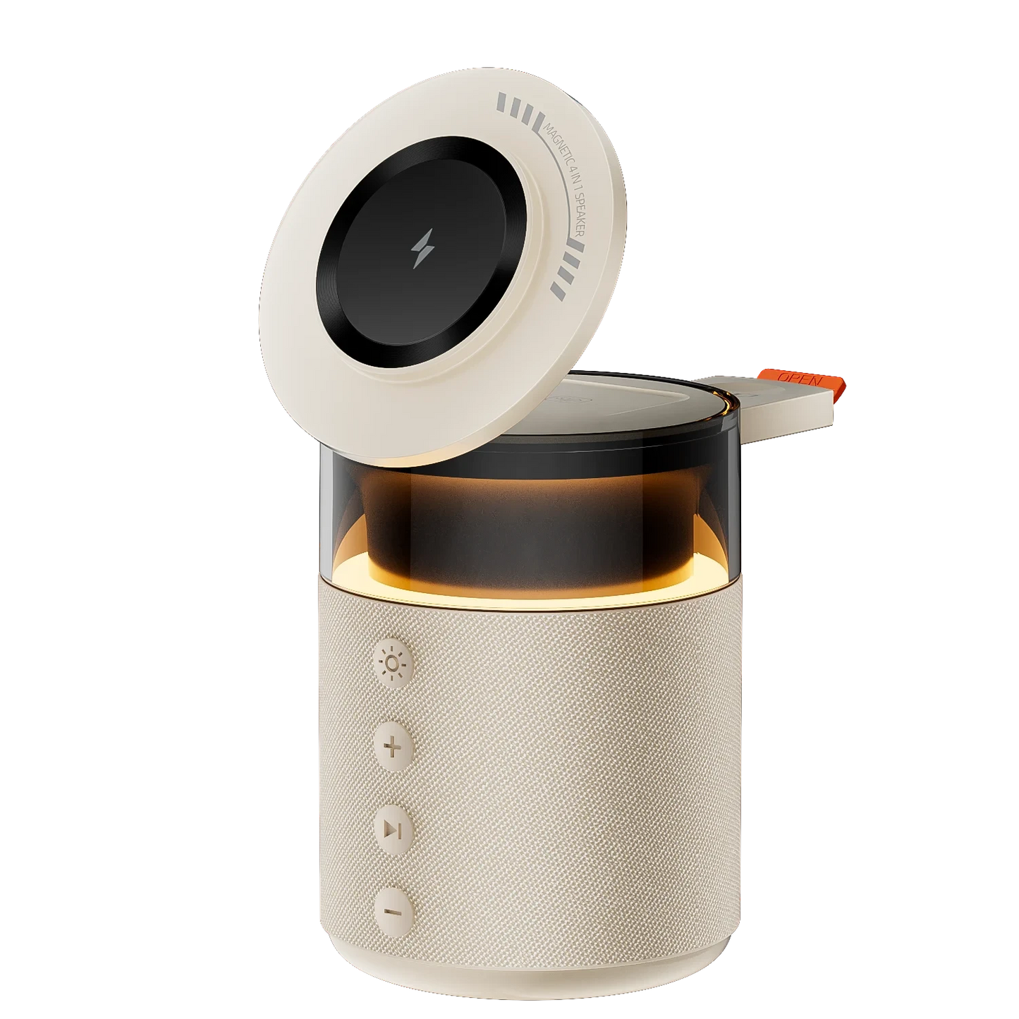 zero2cart 5-in-1 wireless charging station with built-in speaker and lamp in a compact beige fabric design