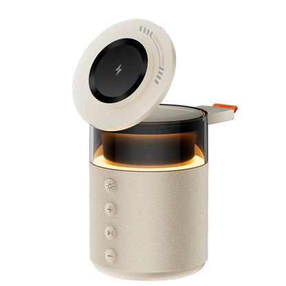zero2cart 5-in-1 wireless charging station with built-in speaker and lamp in a compact beige fabric design