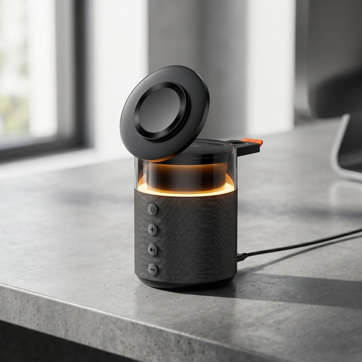 zero2cart 5-in-1 wireless charging station with built-in speaker and lamp on a grey desk