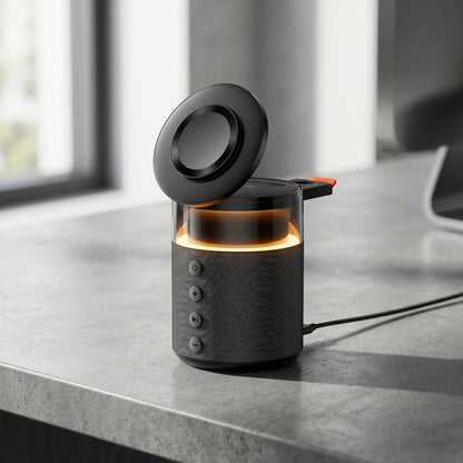 zero2cart 5-in-1 wireless charging station with built-in speaker and lamp on a grey desk
