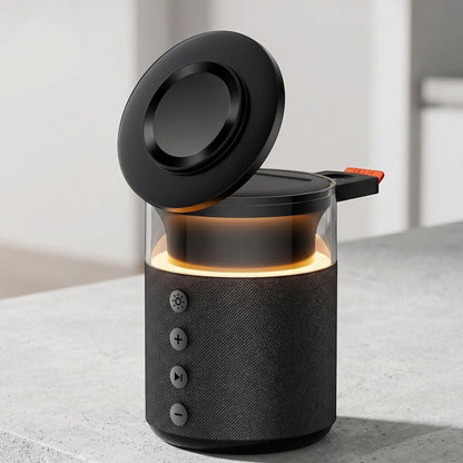 zero2cart 5-in-1 wireless charging station with built-in speaker and lamp in black fabric finish on a desk