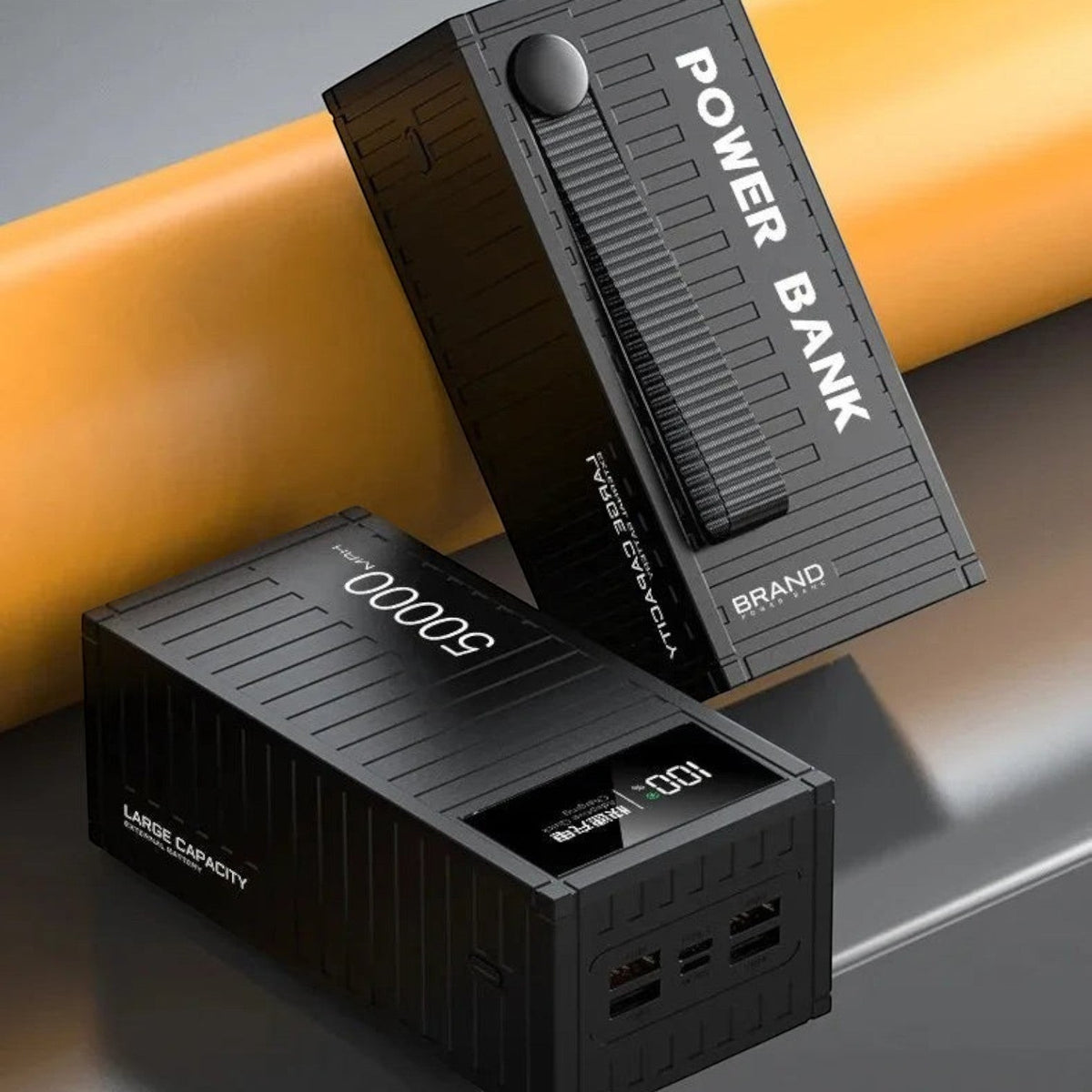 zero2cart 50000mAh portable power bank in black with digital display, multiple USB ports, and a carrying strap.
