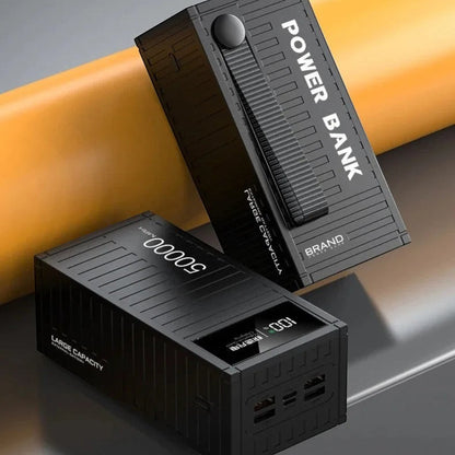 zero2cart 50000mAh portable power bank in black with digital display, multiple USB ports, and a carrying strap.