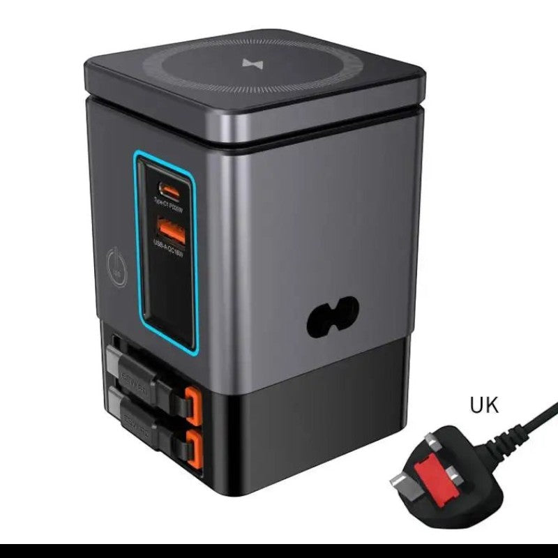 zero2cart 6-in-1 magnetic wireless charging station with Type-C and USB ports for phones, watches, and earbuds.