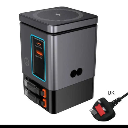 zero2cart 6-in-1 magnetic wireless charging station with Type-C and USB ports for phones, watches, and earbuds.