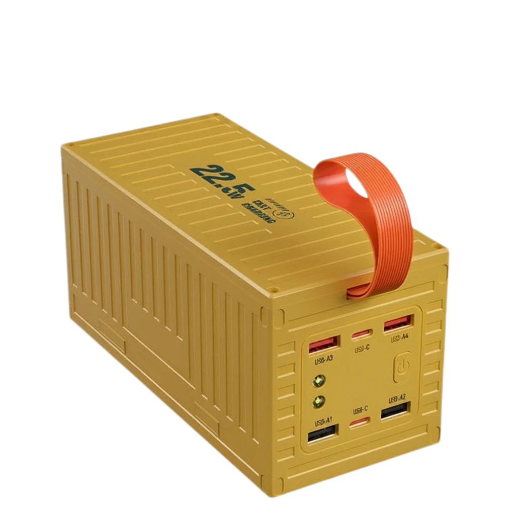 zero2cart 60000mAh metal yellow portable power bank with multiple USB ports, carry handle, and 22.5W fast charging