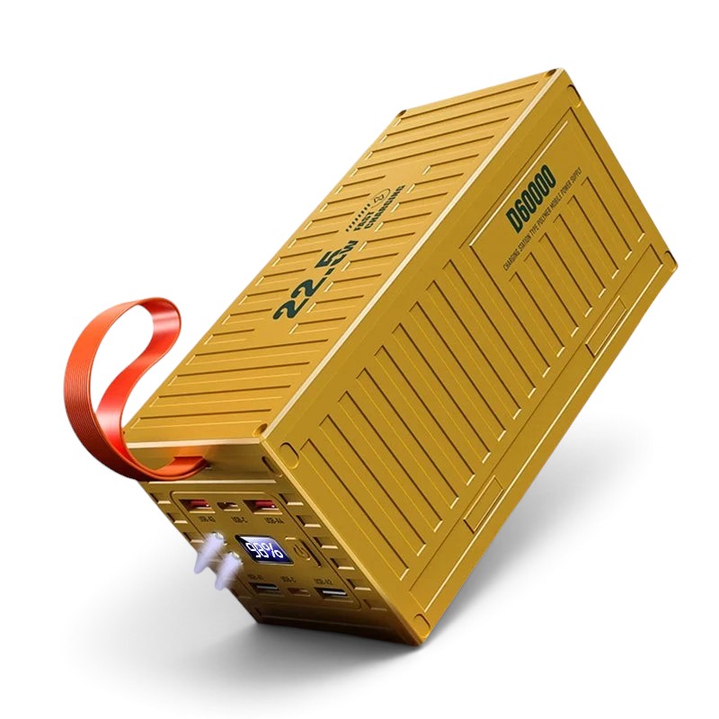 zero2cart 60000mAh portable power bank in metal yellow with digital display, multiple USB ports, and carry handle.