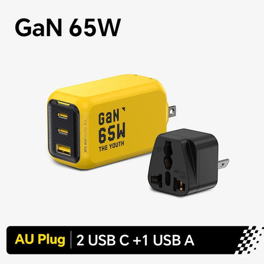 zero2cart 65W GaN fast charger in yellow with 2 USB-C and 1 USB-A ports, featuring a foldable AU plug adapter.