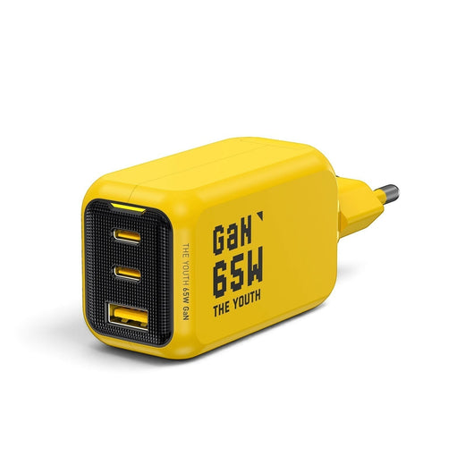 zero2cart 65W GaN fast charger in bright yellow with 2 USB-C and 1 USB-A ports for multi-device charging