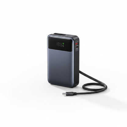 zero2cart 65W portable power bank with 20,000mAh capacity, digital display, and integrated USB-C cable in dark grey.