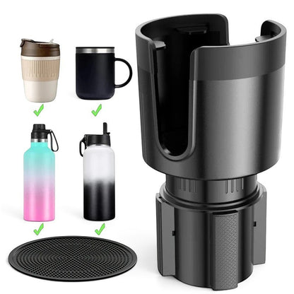 zero2cart adjustable car cup holder extender in black, showing compatibility with various large bottles and mugs.