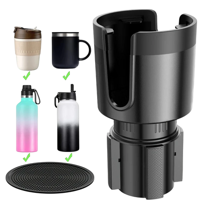 zero2cart adjustable car cup holder extender in black, showing compatibility with various large bottles and mugs.