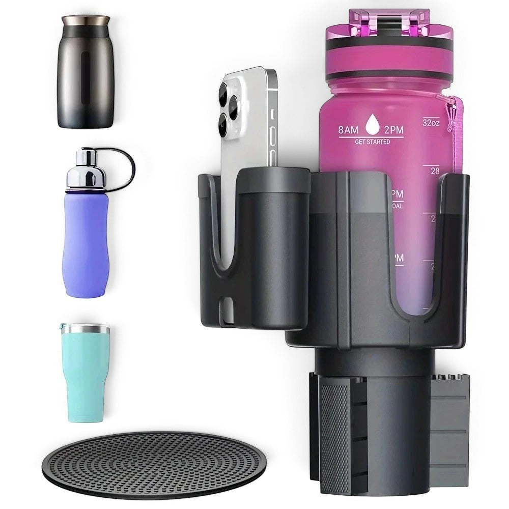 zero2cart adjustable car cup holder extender with phone mount, holding a pink water bottle and smartphone.