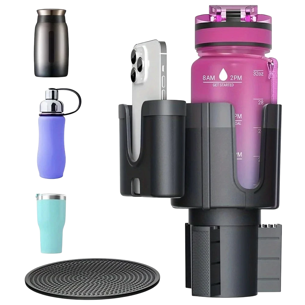 zero2cart adjustable car cup holder extender with phone mount, holding a pink water bottle and smartphone.
