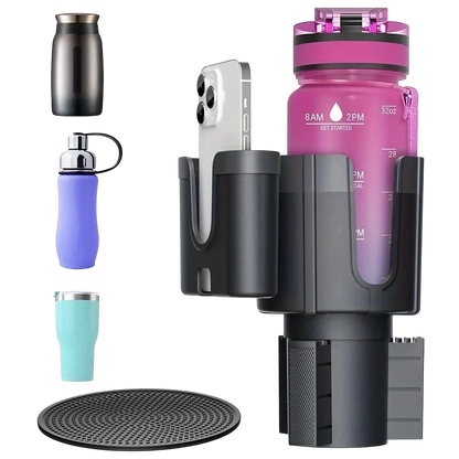 zero2cart adjustable car cup holder extender with phone mount, holding a pink water bottle and smartphone.