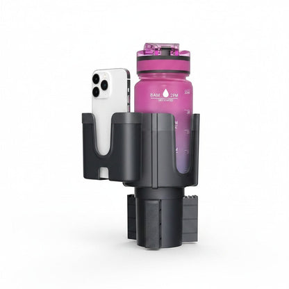 zero2cart adjustable car cup holder extender with a smartphone slot holding a pink water bottle on a white background