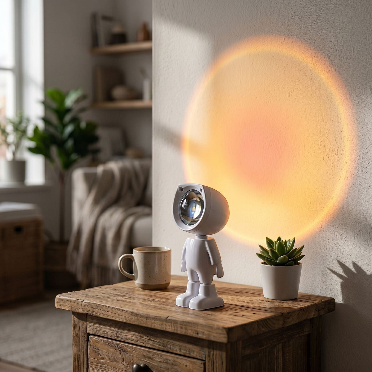 zero2cart rechargeable astronaut sunset projection lamp casting a warm circular glow on a white wall in a cozy room