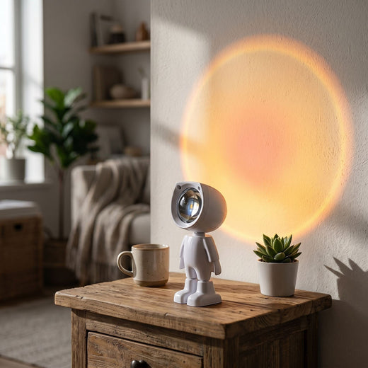 zero2cart rechargeable astronaut sunset projection lamp casting a warm circular glow on a white wall in a cozy room