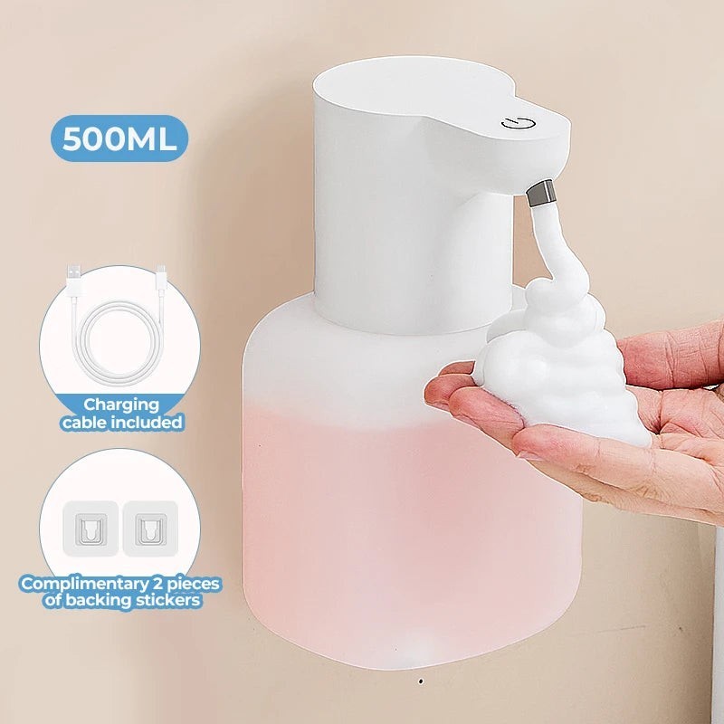 zero2cart automatic foam soap dispenser with 500ml capacity, wall-mounted design, and rechargeable battery.
