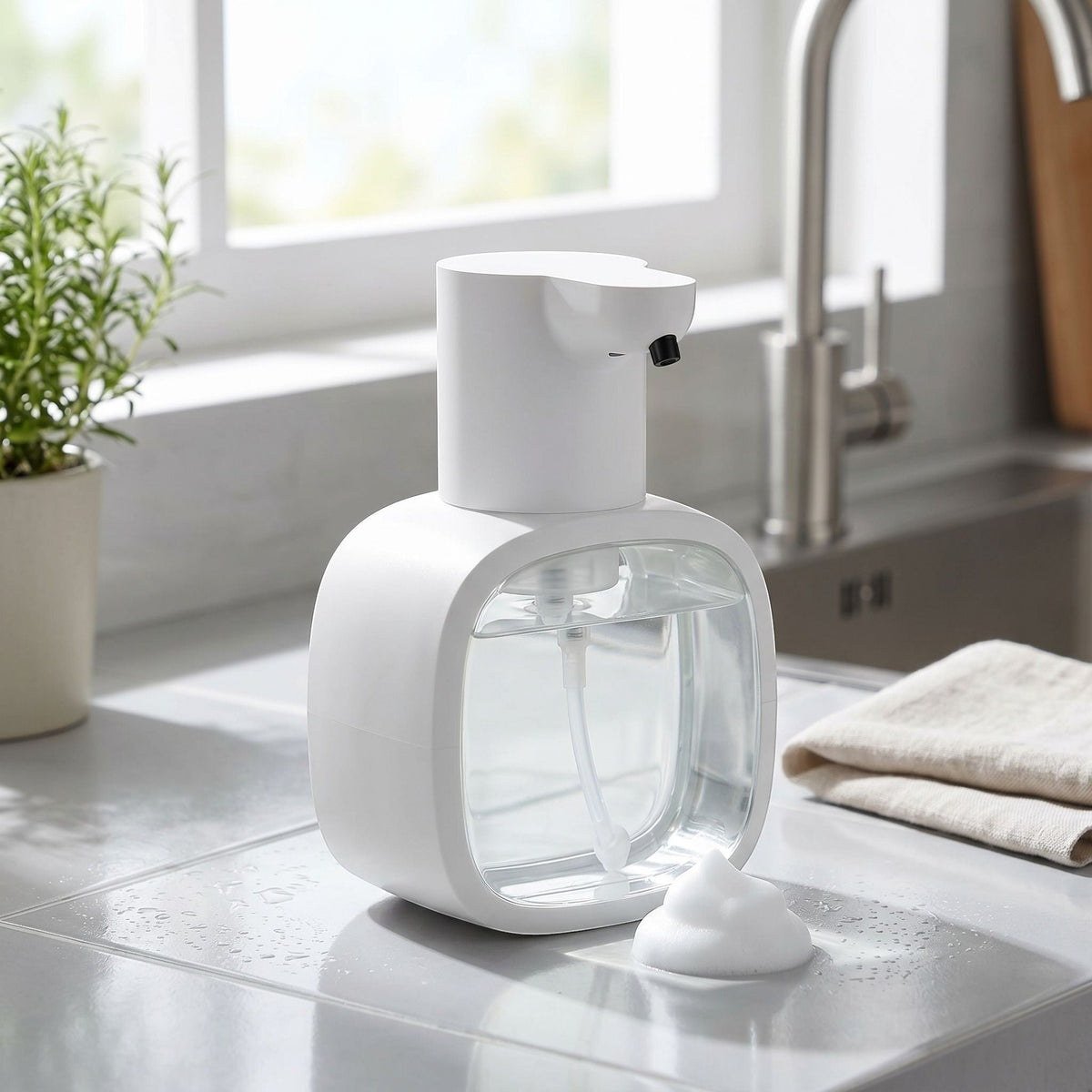 zero2cart automatic foam soap dispenser with a white rechargeable base and clear 500ml reservoir on a kitchen counter