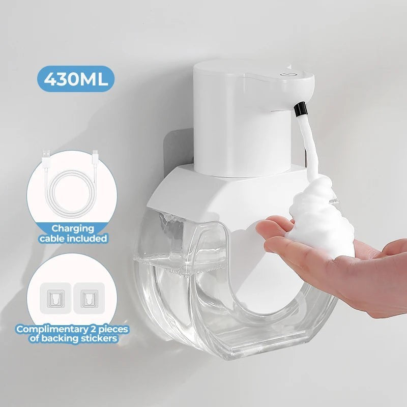 zero2cart 430ml wall-mounted automatic foam soap dispenser in white with a clear reservoir and charging cable