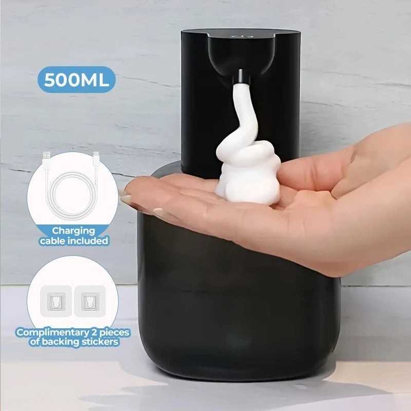 zero2cart automatic foam soap dispenser in black with 500ml capacity, shown dispensing foam into a hand