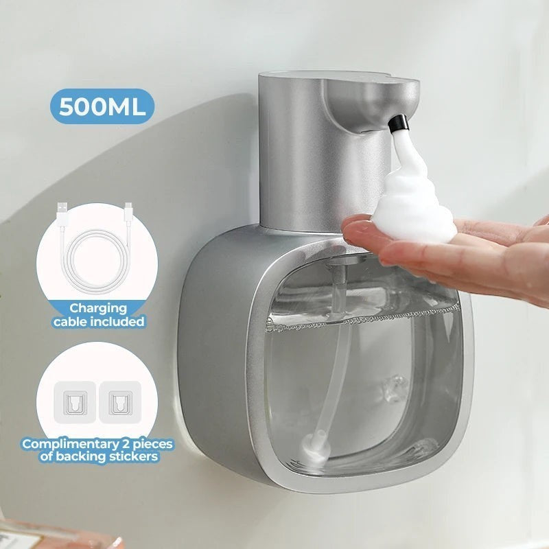 zero2cart 500ml automatic foam soap dispenser in silver, wall-mounted with rechargeable battery and sensor nozzle