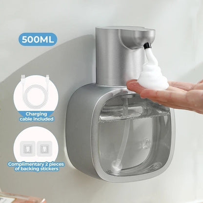 zero2cart 500ml automatic foam soap dispenser in silver, wall-mounted with rechargeable battery and sensor nozzle