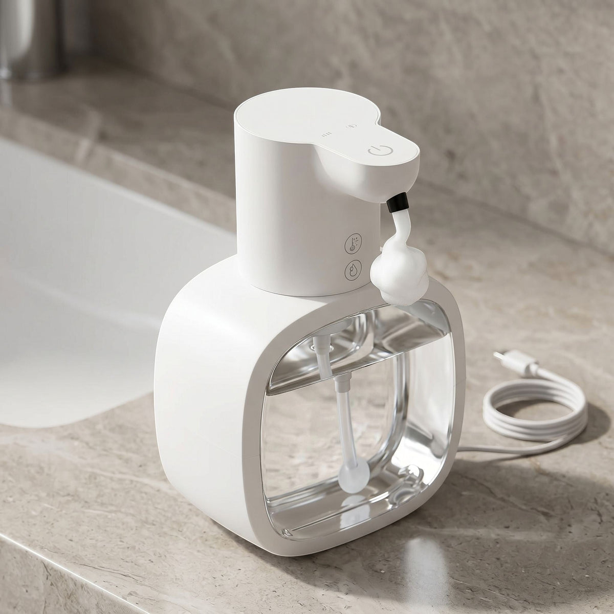 zero2cart automatic foam soap dispenser with a white rechargeable base and clear 500ml reservoir on a bathroom counter
