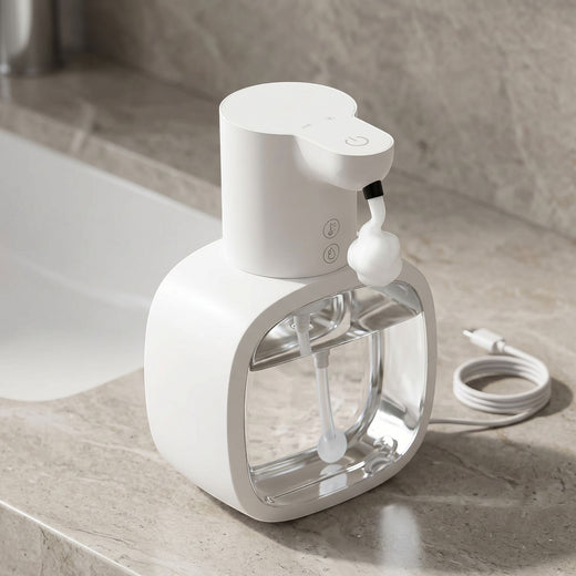 zero2cart automatic foam soap dispenser with a white rechargeable base and clear 500ml reservoir on a bathroom counter