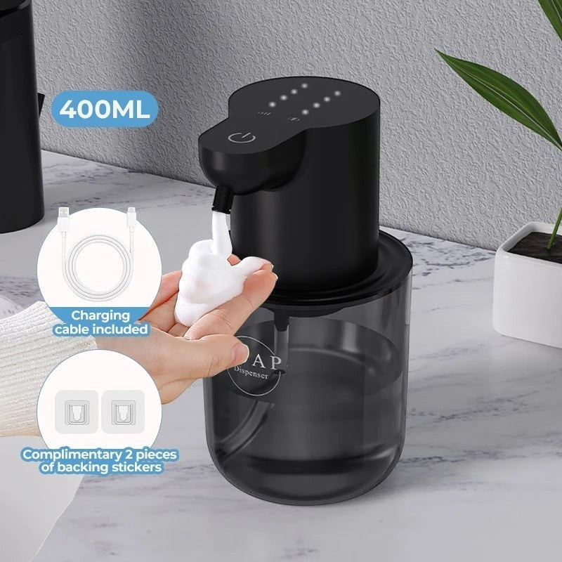 zero2cart automatic foam soap dispenser with 400ml capacity, rechargeable battery, and sleek black design.