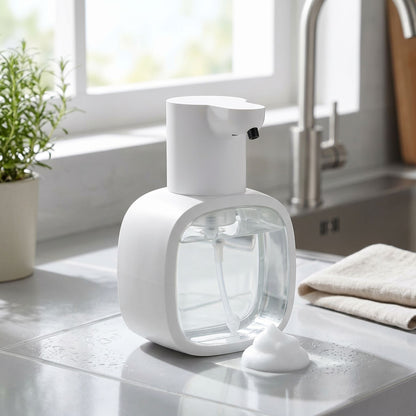 zero2cart automatic foam soap dispenser with a white rechargeable base and clear 500ml reservoir on a kitchen counter