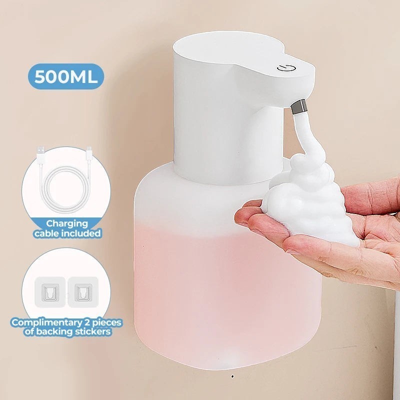 zero2cart automatic foam soap dispenser with 500ml capacity, wall-mounted design, and rechargeable battery.