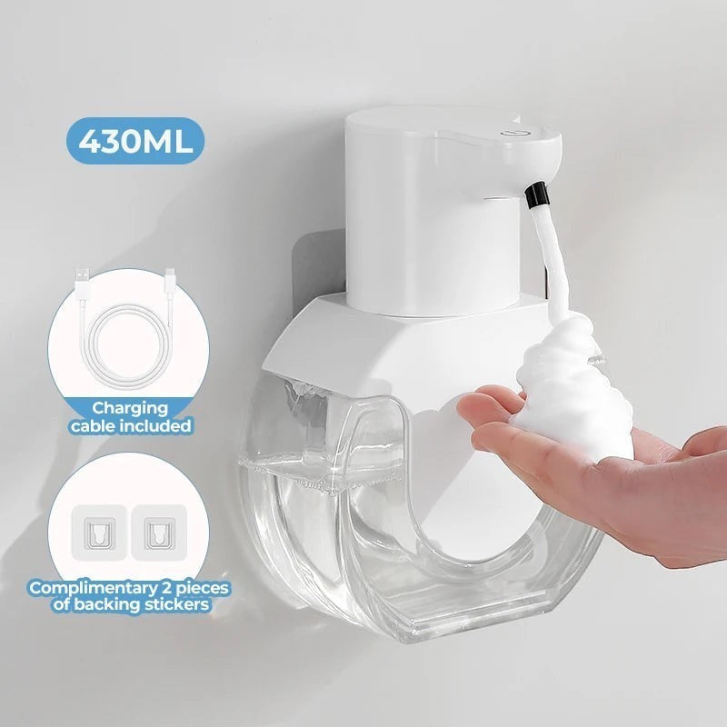 zero2cart 430ml wall-mounted automatic foam soap dispenser in white with a clear reservoir and charging cable
