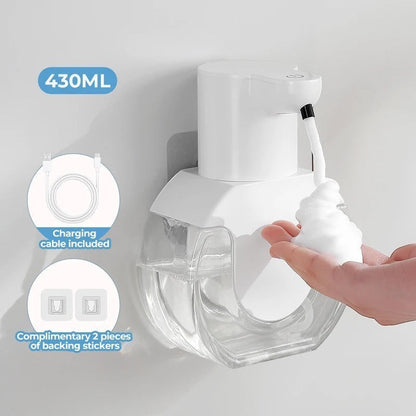 zero2cart 430ml wall-mounted automatic foam soap dispenser in white with a clear reservoir and charging cable