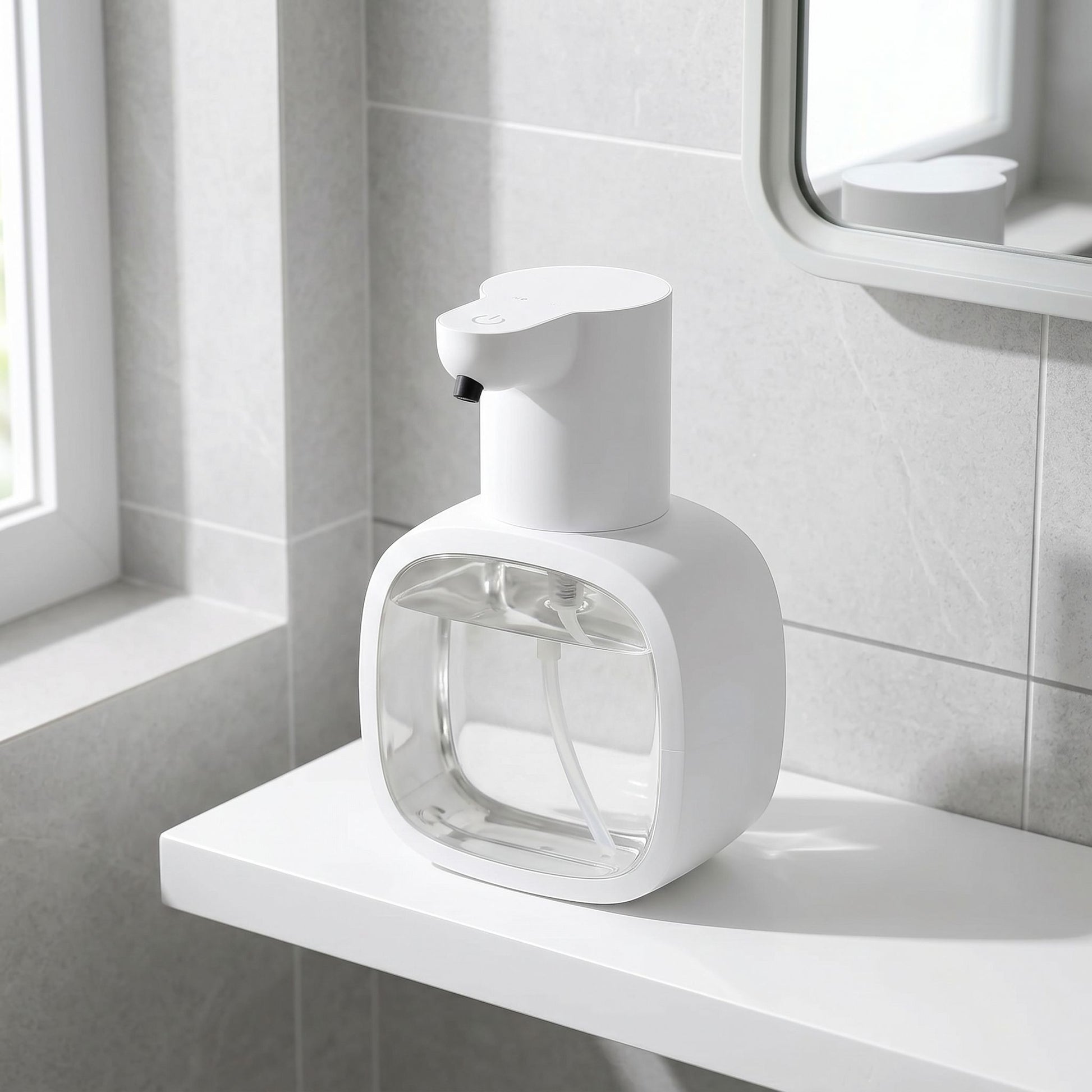 zero2cart white automatic foam soap dispenser with a clear 500ml reservoir on a bathroom shelf