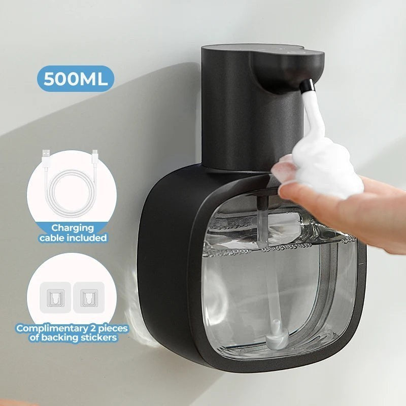 zero2cart 500ml automatic foam soap dispenser in matte black mounted on a wall dispensing soap into a hand