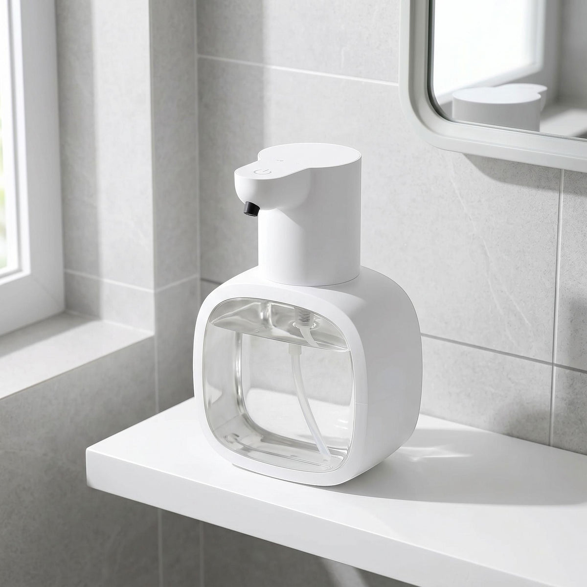 zero2cart white automatic foam soap dispenser with a clear 500ml reservoir on a bathroom shelf